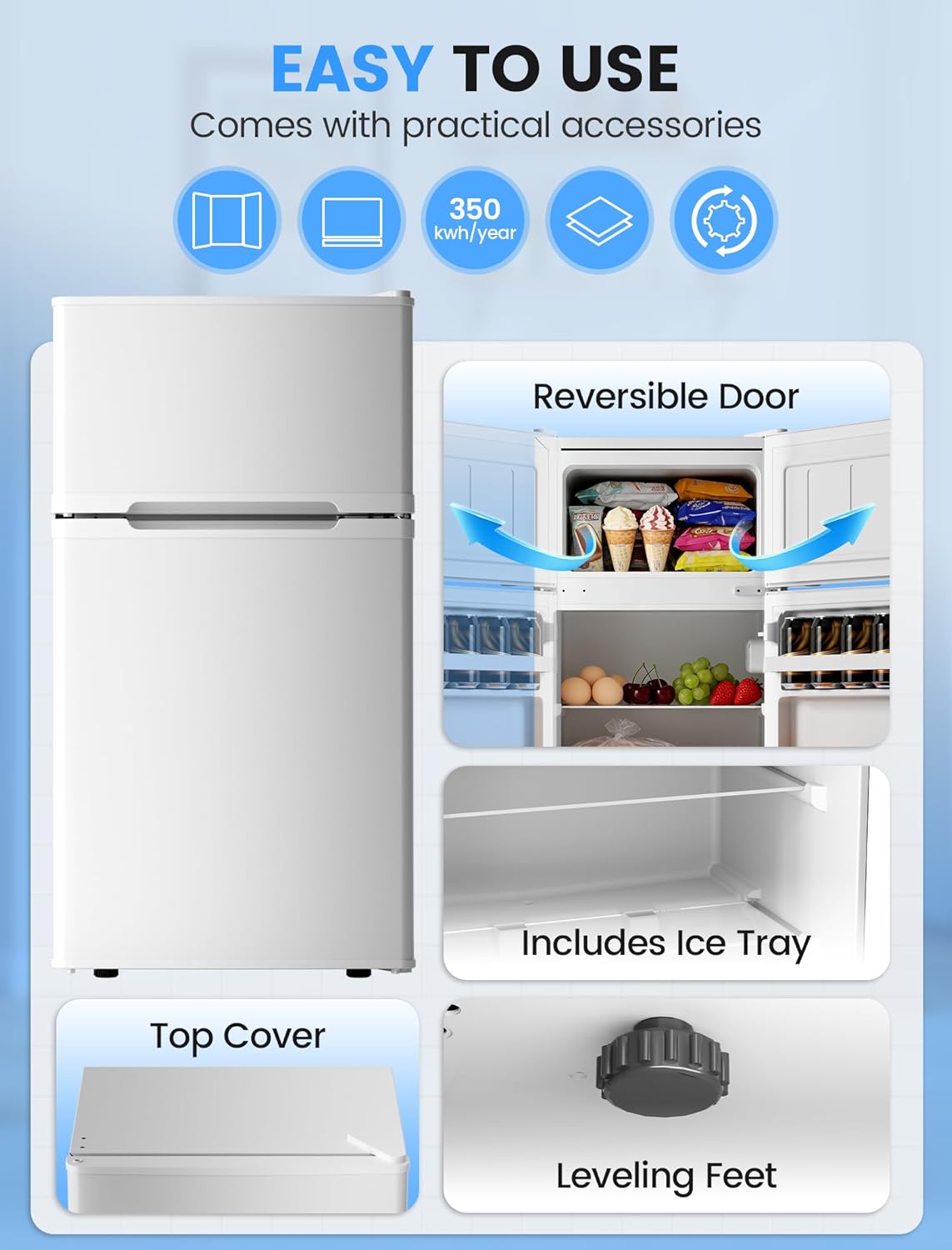2.5 Cu.Ft Dorm Fridge with Freezer, Double Reversible Door Compact Refrigerator with 2 Removable Shelves - ANTARCTIC - STARFreezer