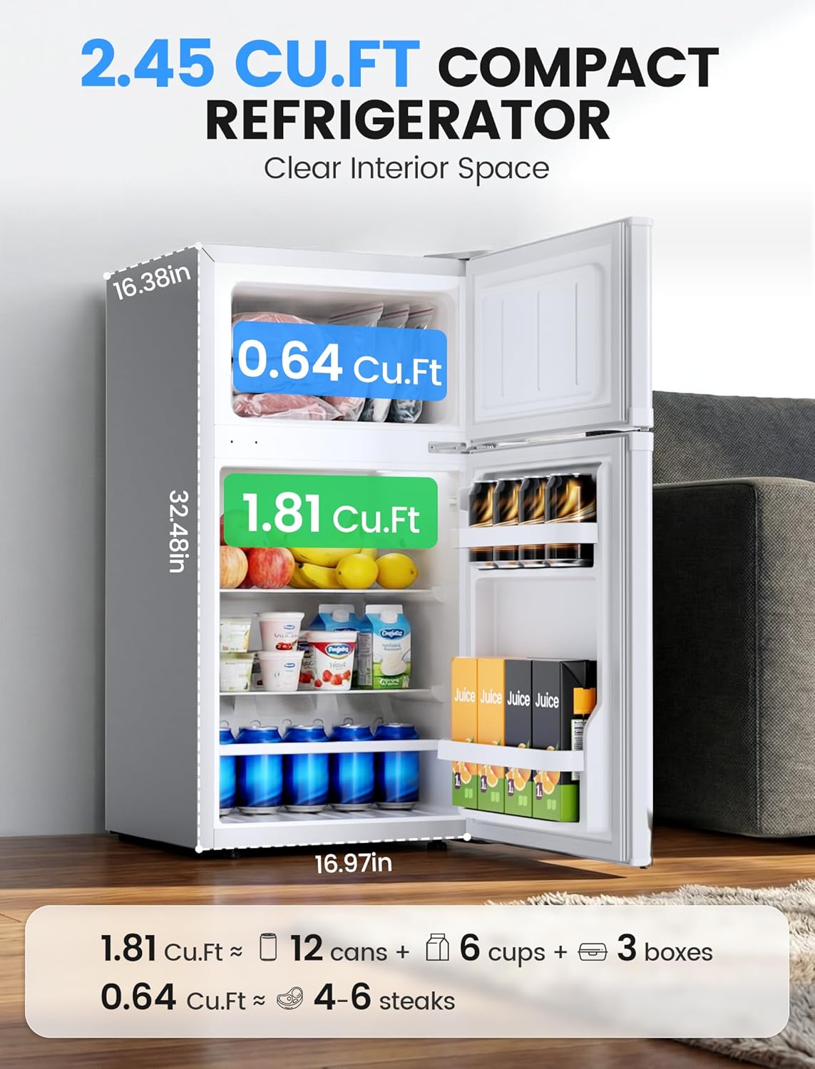 2.5 Cu.Ft Dorm Fridge with Freezer, Double Reversible Door Compact Refrigerator with 2 Removable Shelves - ANTARCTIC - STARFreezer