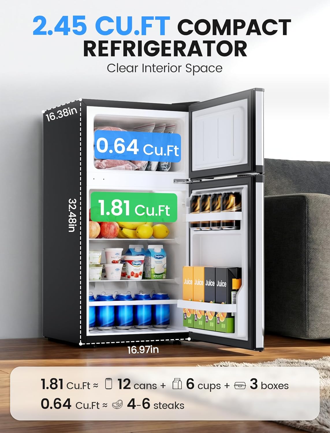 2.5 Cu.Ft Dorm Fridge with Freezer, Double Reversible Door Compact Refrigerator with 2 Removable Shelves - ANTARCTIC - STARFreezer