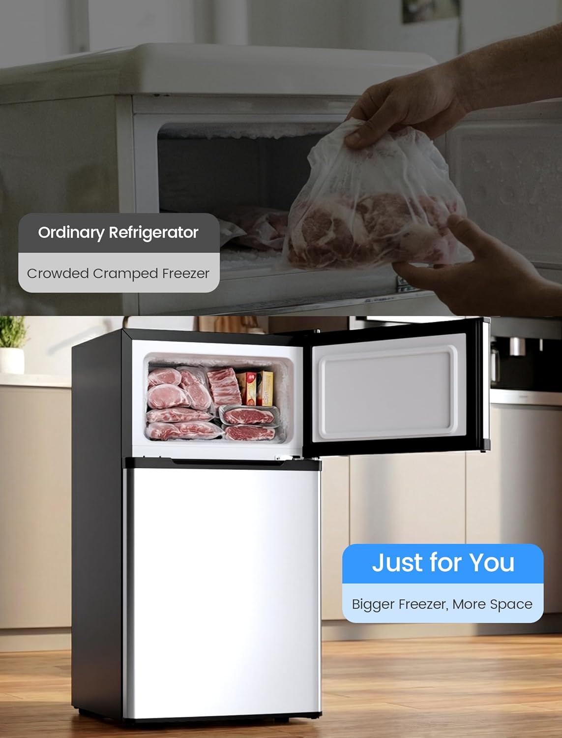 2.5 Cu.Ft Dorm Fridge with Freezer, Double Reversible Door Compact Refrigerator with 2 Removable Shelves - ANTARCTIC - STARFreezer