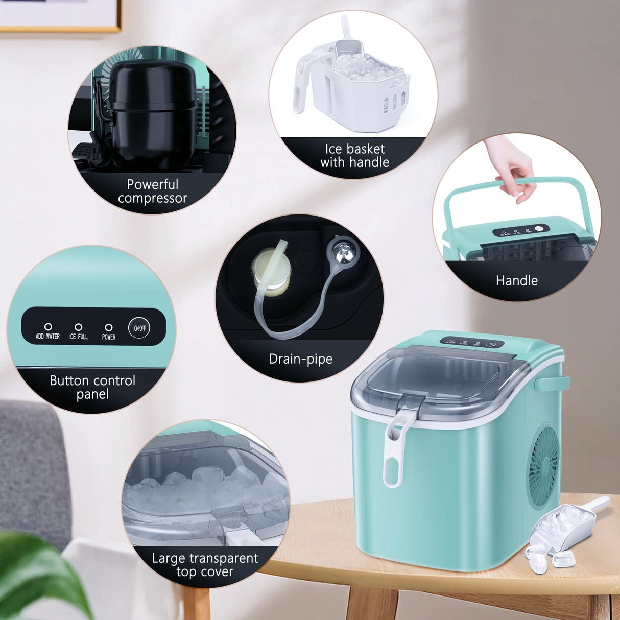 Antarctic-Star Countertop Ice Maker Machine 6-Minute Fast Bullet Ice Simple Handle Automatic Cleaning Suitable for Household Small Student Dormitory and Bar Party