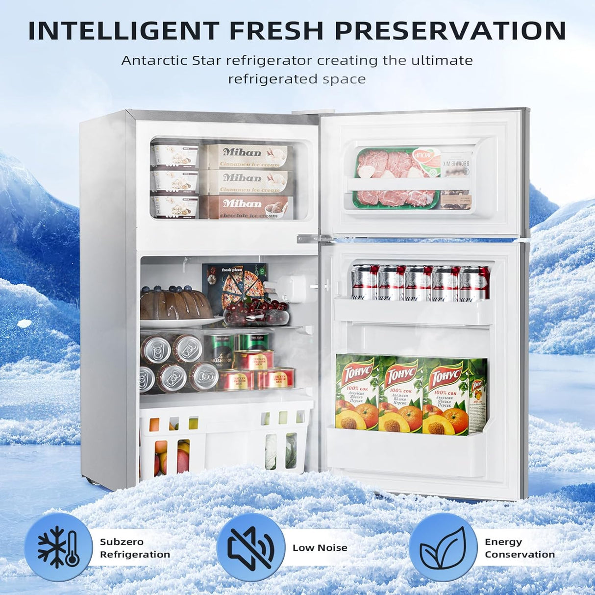 3.2 Cu.Ft,Mini Refrigerator with Freezer,Double Door Mini Fridge - ANTARCTIC - STARMini Fridge