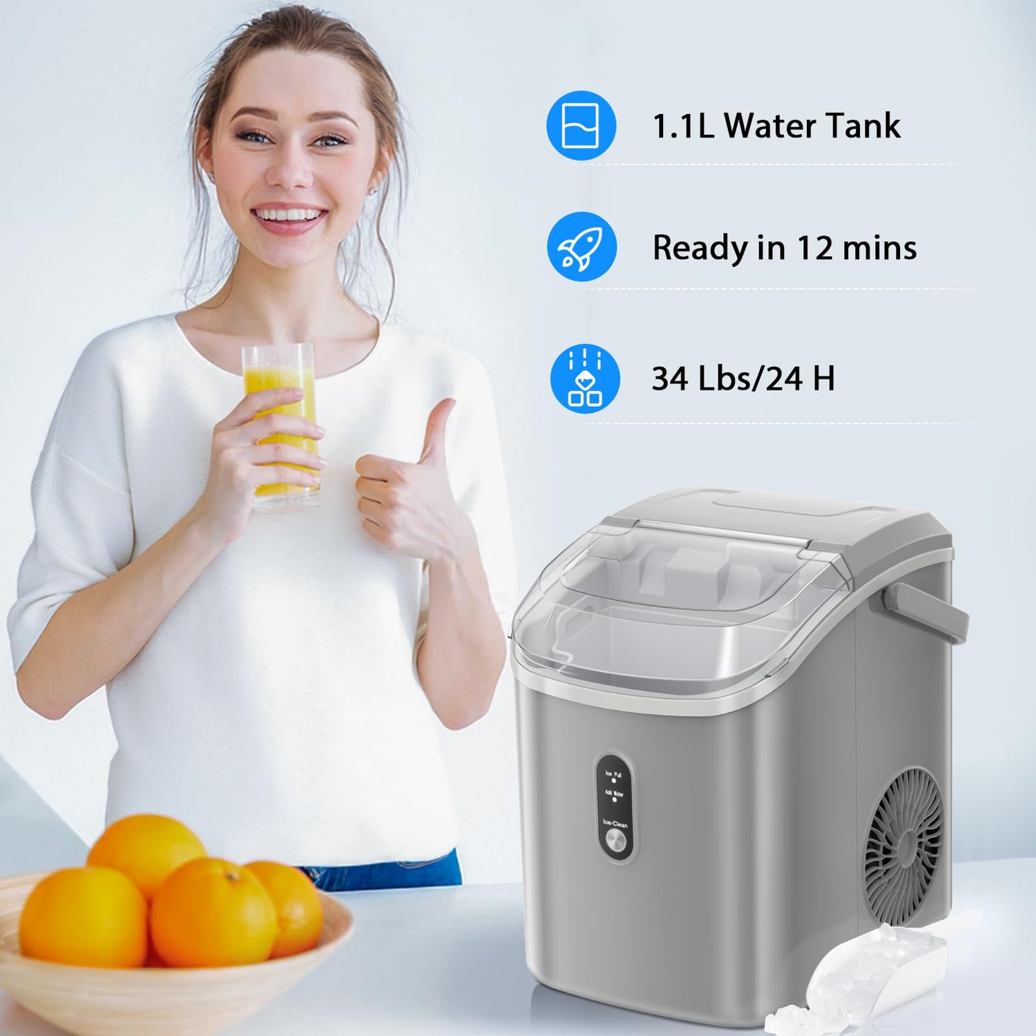 Nugget Countertop Ice Maker with Soft Chewable Ice, 34Lbs/24H, Pebble Portable Ice Machine with Ice Scoop, Self-Cleaning