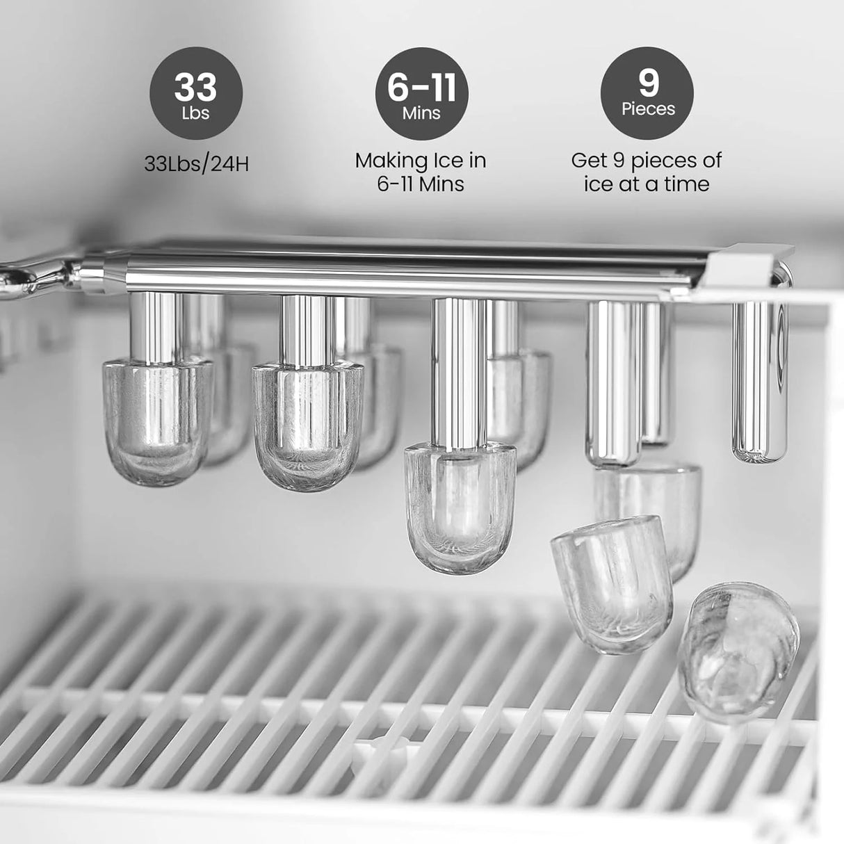 Ice maker with ice cubes and text indicating capacity, making time, and yield.