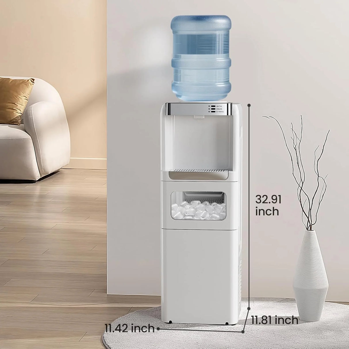 White water cooler with blue water bottle on a wooden floor in a living room setting