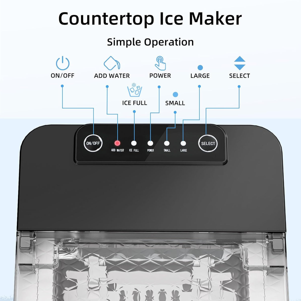 Countertop ice maker with control panel and ice production display on a light blue background