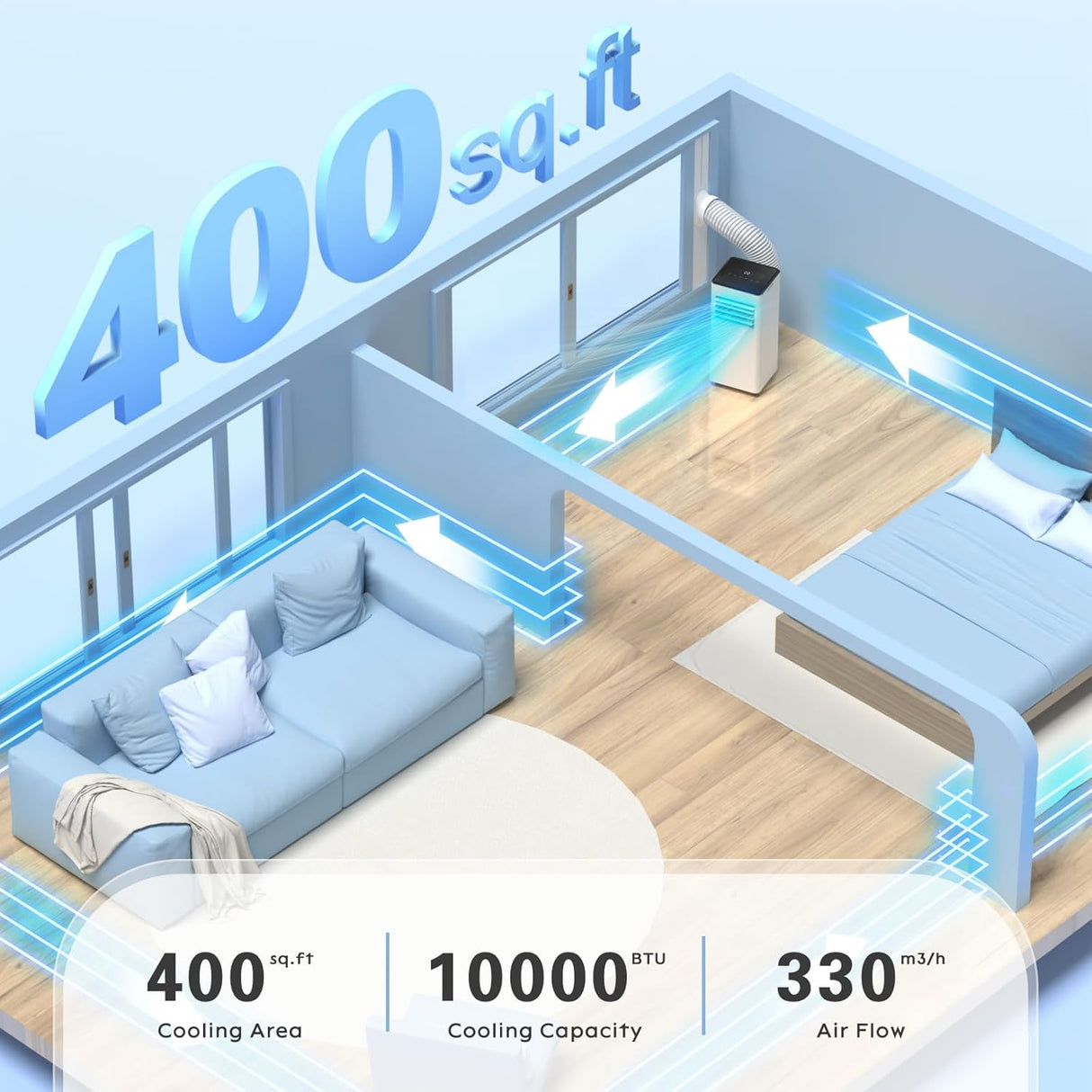Room with furniture and air conditioning system, showing cooling specifications.