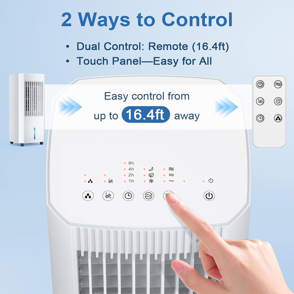 A white portable air conditioner or fan shown with marketing text about dual control via remote and touch panel, plus a hand pointing at the touch panel and a small inset of the remote.