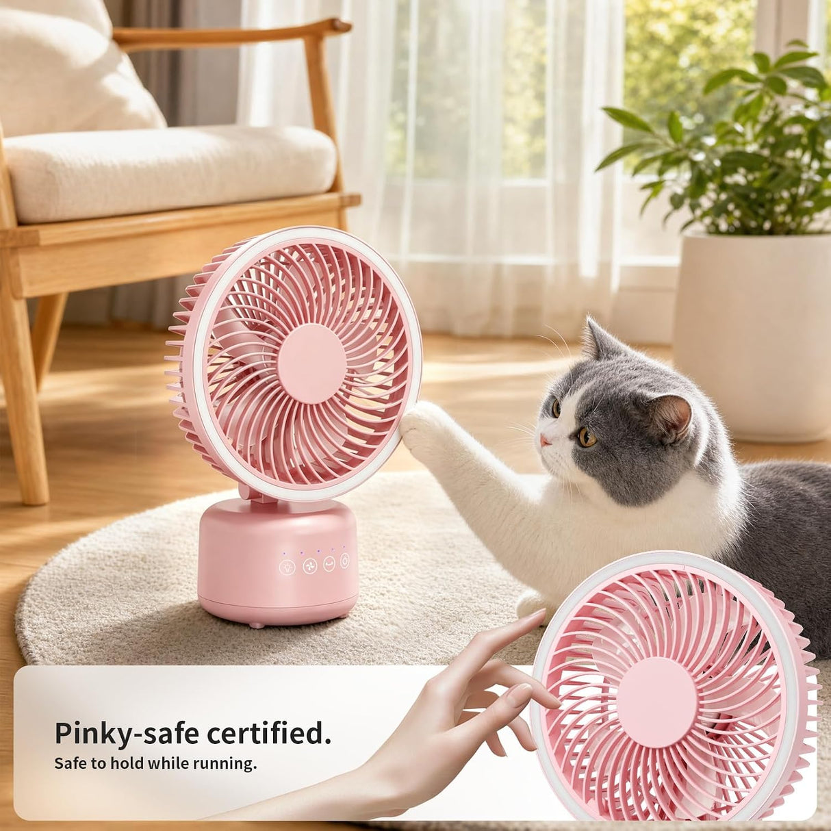 A pink portable desk fan is shown in a bright living room with a gray-and-white cat reaching toward it. A human hand is also touching a second view of the fan, and text at the bottom reads 'Pinky-safe certified.