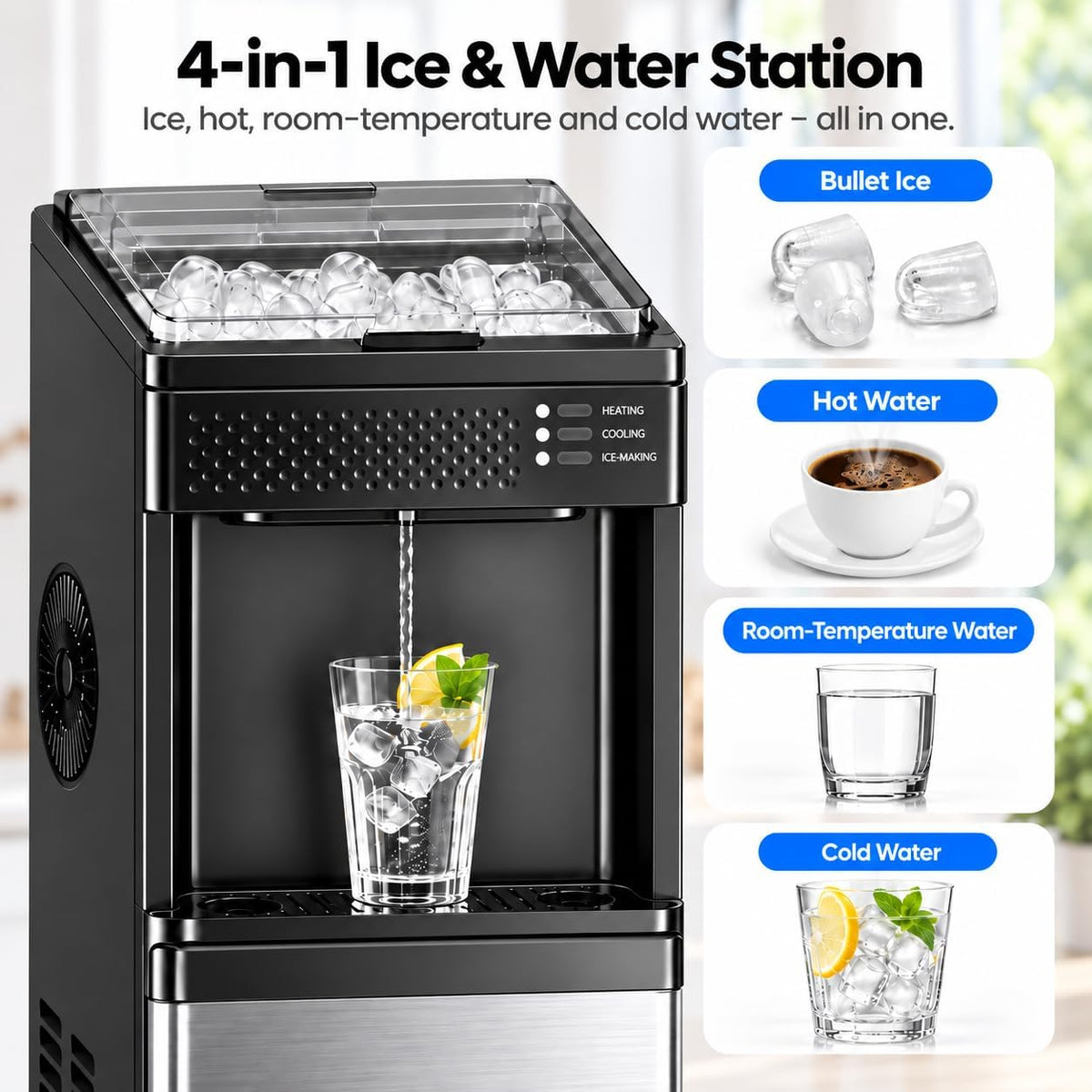 4-in-1 Bottom-Loading Water Cooler with Ice Maker, Deep Black
