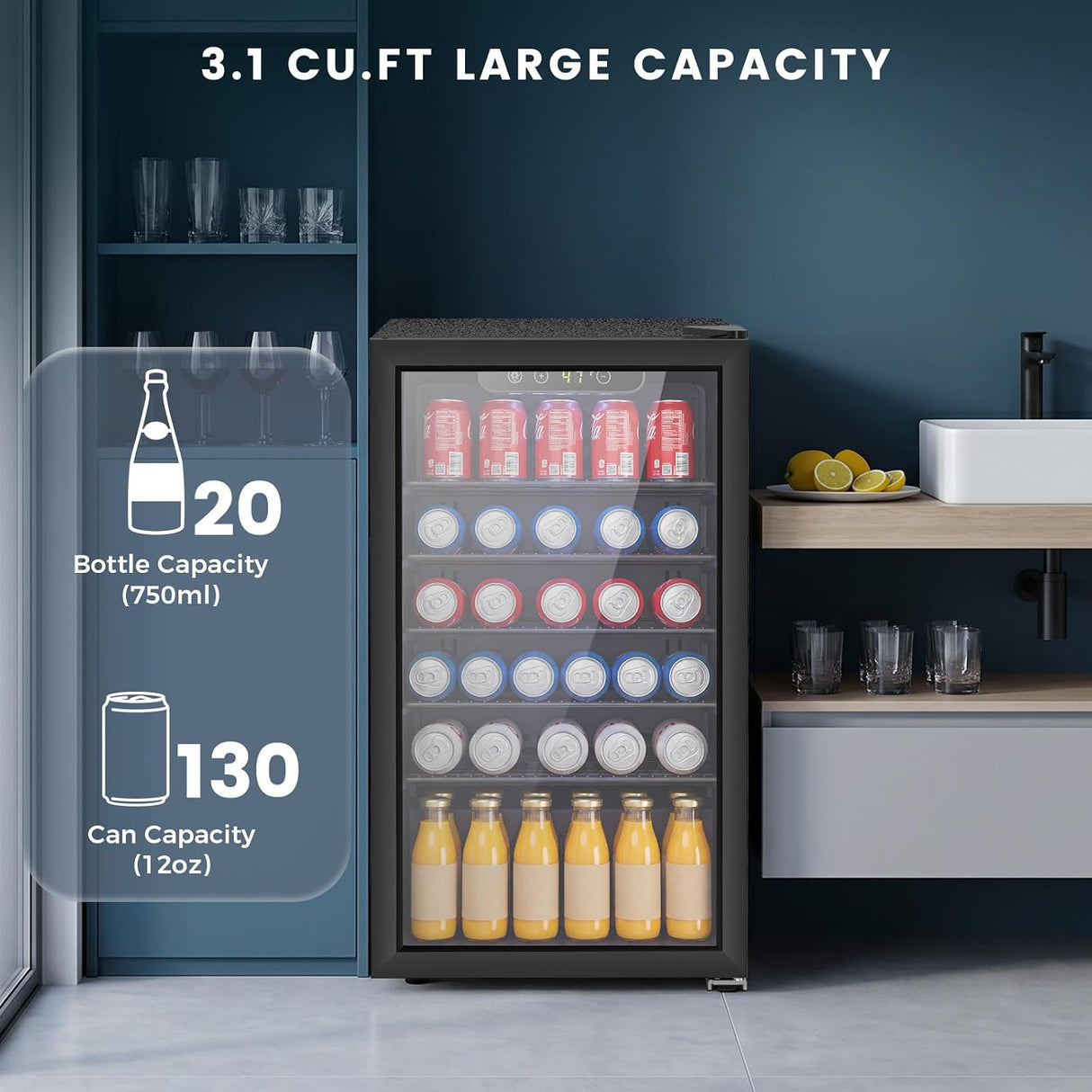 A large capacity undercounter refrigerator with a glass door, shown in a modern kitchen setting next to a sink and shelf. White text on the left highlights 20 bottle capacities and 130 can capacities, with '3.