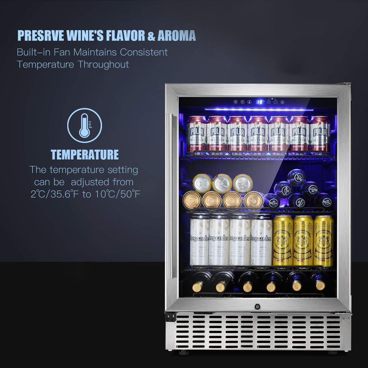 ChillEdge 46_Antarctic Star 24 Inch Beverage Refrigerator Buit-in Wine Cooler Clear Glass Door Digital Memory Temperature