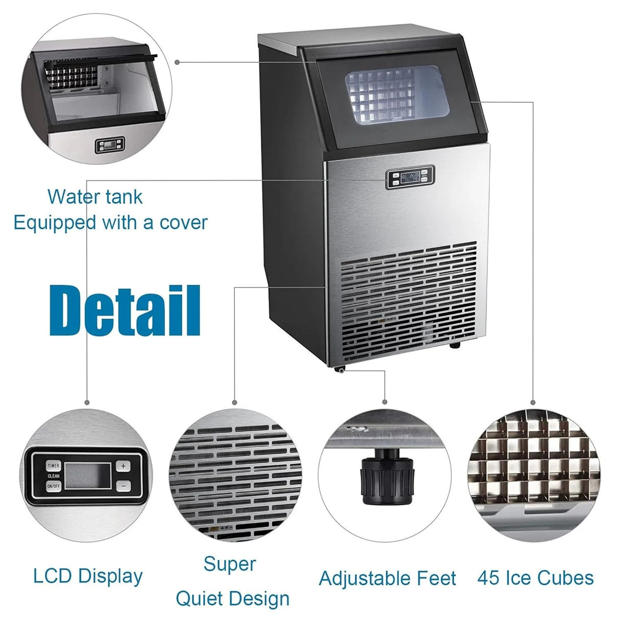Antarctic-star Commercial Ice Maker Machine,100Lbs/Day,45 Cubes/Batch in 11-20 Mins,Stainless Steel Freestanding Ice Maker