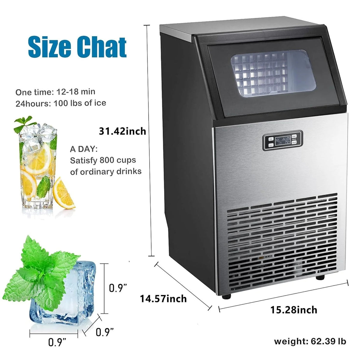 Antarctic-star Commercial Ice Maker Machine,100Lbs/Day,45 Cubes/Batch in 11-20 Mins,Stainless Steel Freestanding Ice Maker