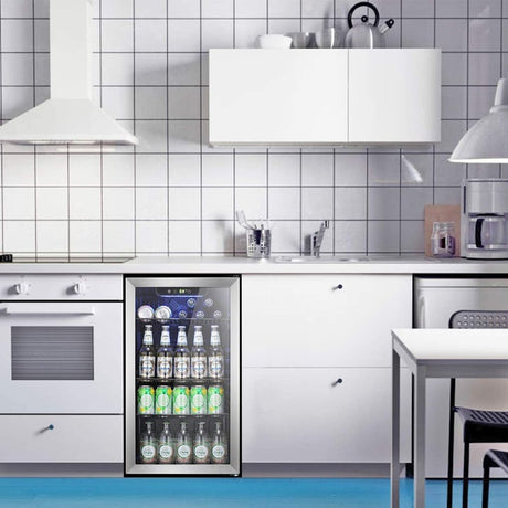 Antarctic Star's wine cooler in a white, minimalistic kitchen with blue flooring