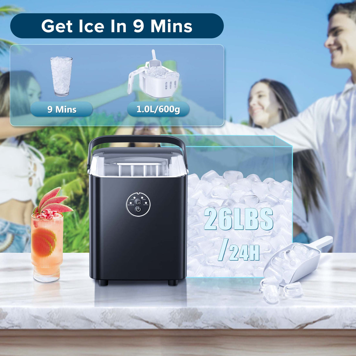Antarctic-star Portable Ice Maker Machine, Portable Ice Maker Machine with Handle, 26lbs/24H, 8 Bullet Ice Cubes of 2 Sizes S/L Ready in 9 Mins