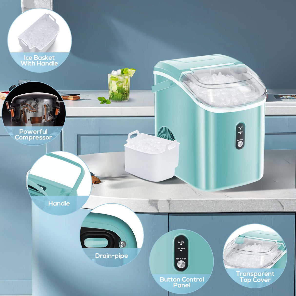 Nugget Countertop Ice Maker with Soft Chewable Ice, 34Lbs/24H, Pebble Portable Ice Machine with Ice Scoop, Self-Cleaning