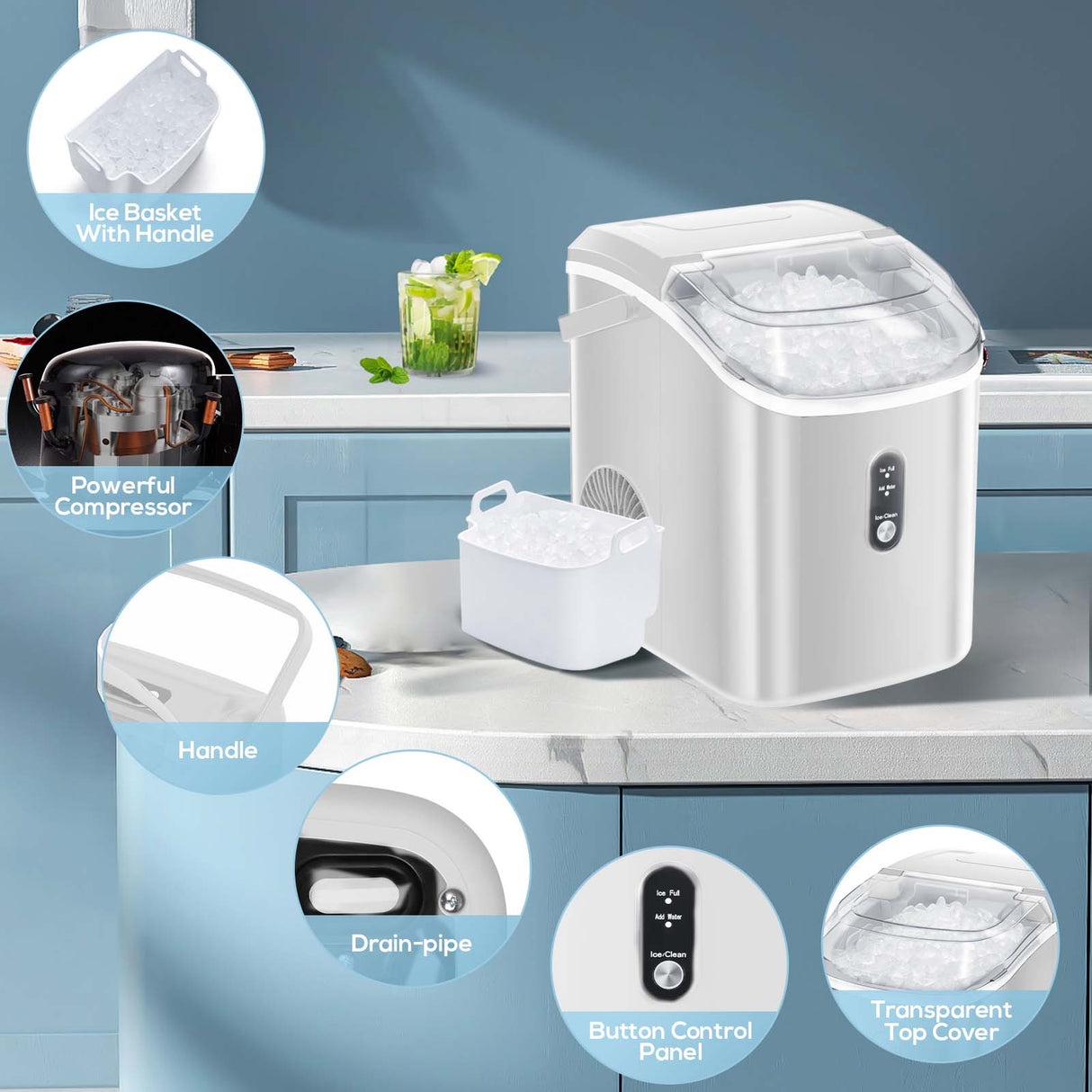 Nugget Countertop Ice Maker with Soft Chewable Ice, 34Lbs/24H, Pebble Portable Ice Machine with Ice Scoop, Self-Cleaning