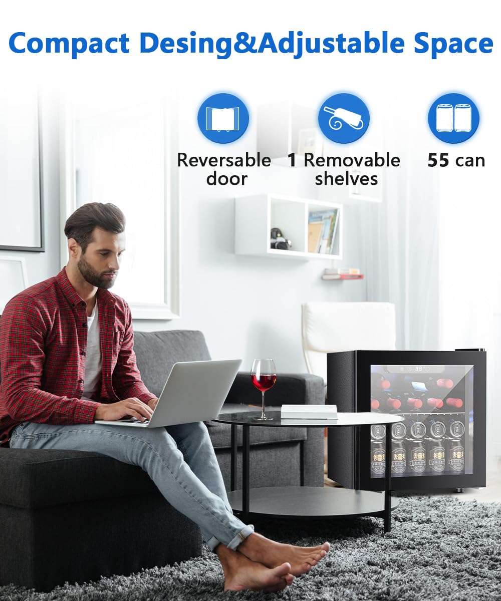 Antarctic-star 1.3 Cu.Ft Beverage Refrigerator Cooler, 12 Bottle 48 Can Mini Fridge for Beer Soda Wines Clear Front Glass Door,Freestanding beverage Small fridge with Adjustable Shelving