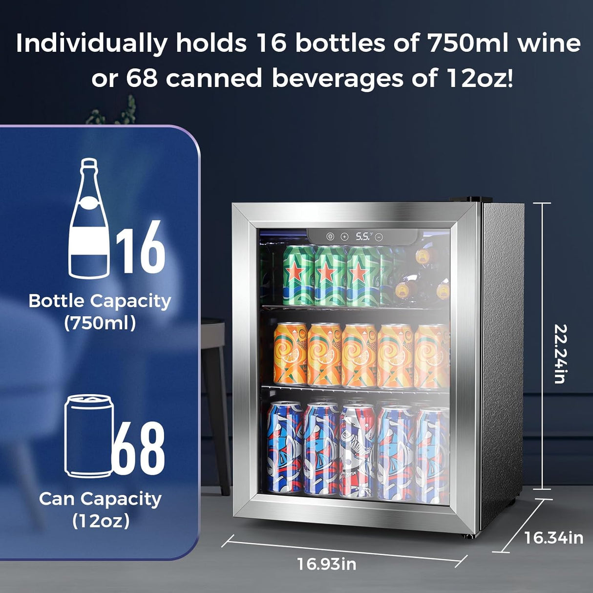 1.7 Cu. Ft Mini Beverage Refrigerator, 16 Bottles Compact Drink Cooler with Glass Door & Touch Controls - ANTARCTIC - STARBeverage Refrigerators
