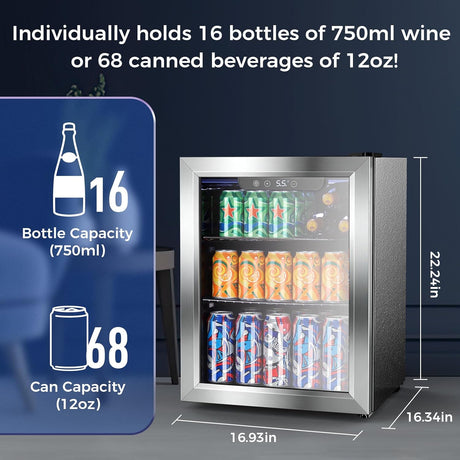 1.7 Cu. Ft Mini Beverage Refrigerator, 16 Bottles Compact Drink Cooler with Glass Door & Touch Controls - ANTARCTIC - STARBeverage Refrigerators