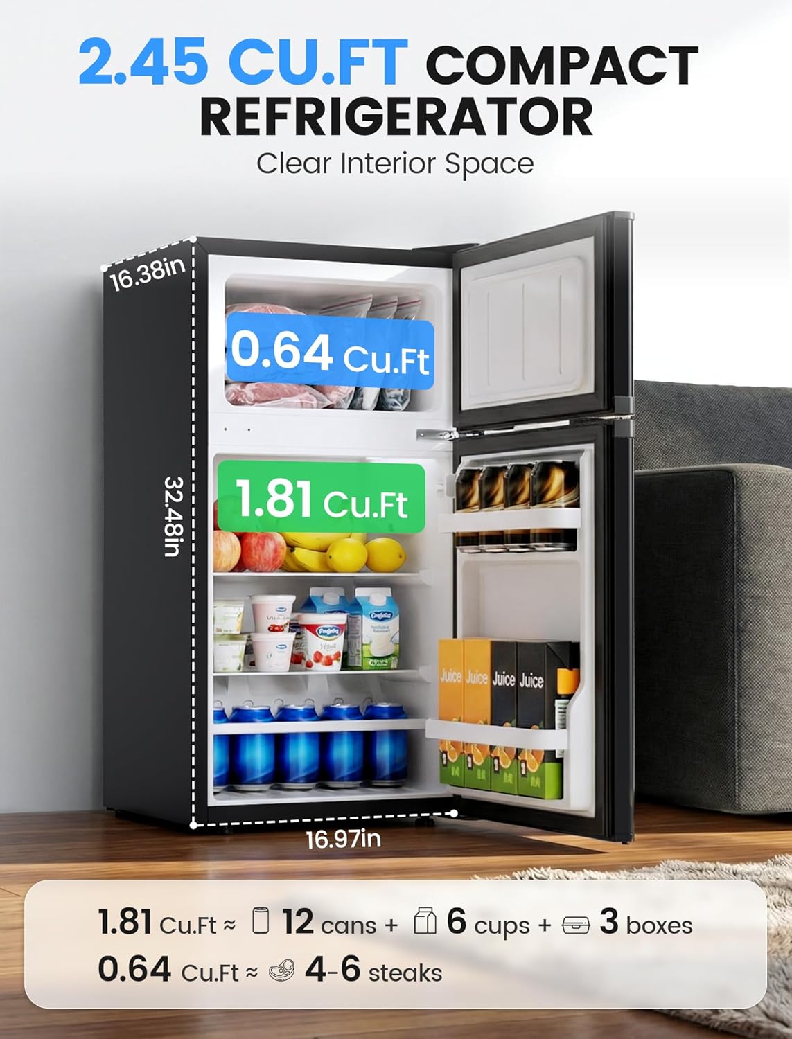 2.5 Cu.Ft Dorm Fridge with Freezer, Double Reversible Door Compact Refrigerator with 2 Removable Shelves - ANTARCTIC - STARFreezer