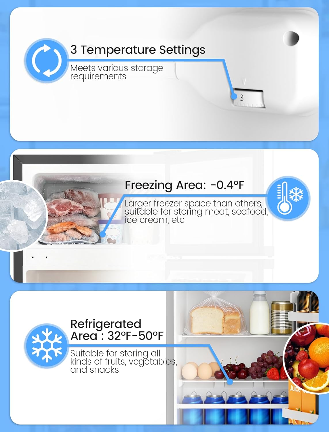 2.5 Cu.Ft Dorm Fridge with Freezer, Double Reversible Door Compact Refrigerator with 2 Removable Shelves - ANTARCTIC - STARFreezer