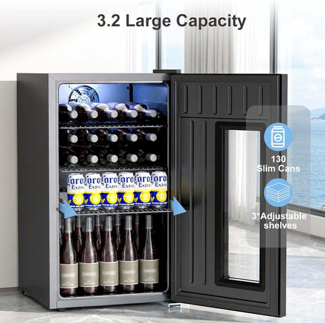 3.2 Cu.Ft Mini Fridge Auto Defrost Beverage Refrigerator, 130 Can with Glass Door &Adjustable Shelves - ANTARCTIC - STARBeverage Refrigerators