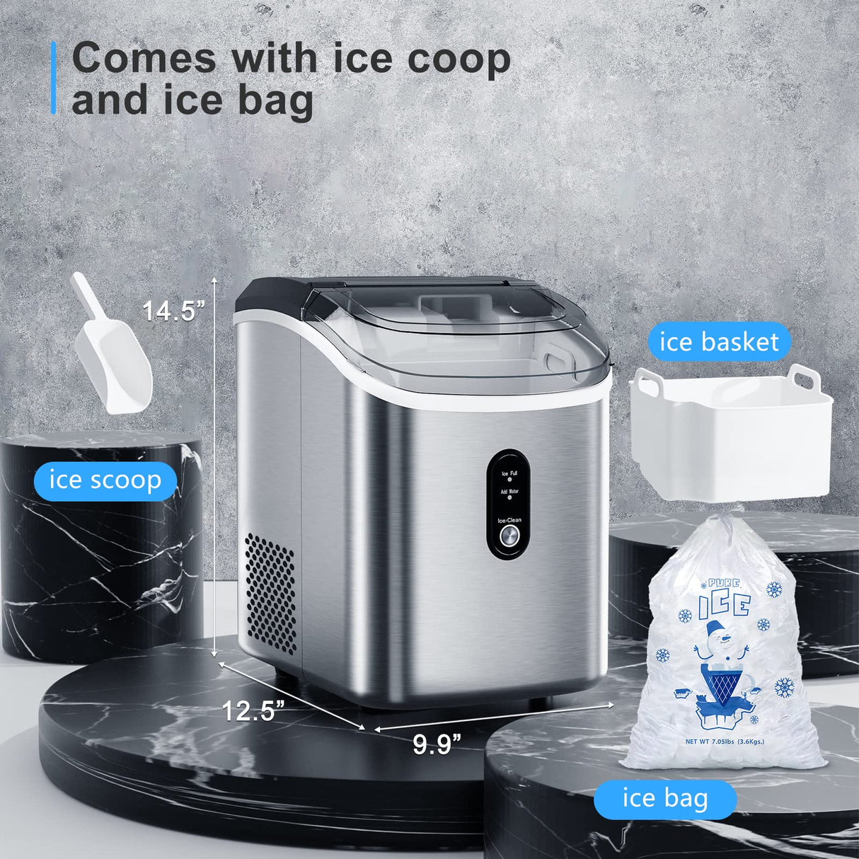 Antarctic-star Nugget Ice Maker Countertop, Portable Ice Maker Machine with Self-Cleaning Function
