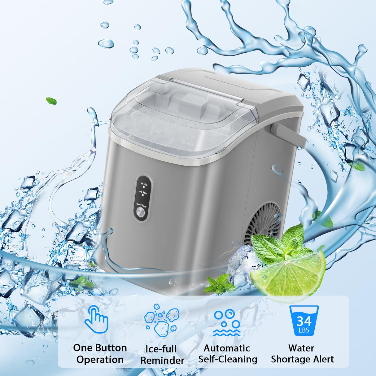 Nugget Countertop Ice Maker with Soft Chewable Ice, 34Lbs/24H, Pebble Portable Ice Machine with Ice Scoop, Self-Cleaning