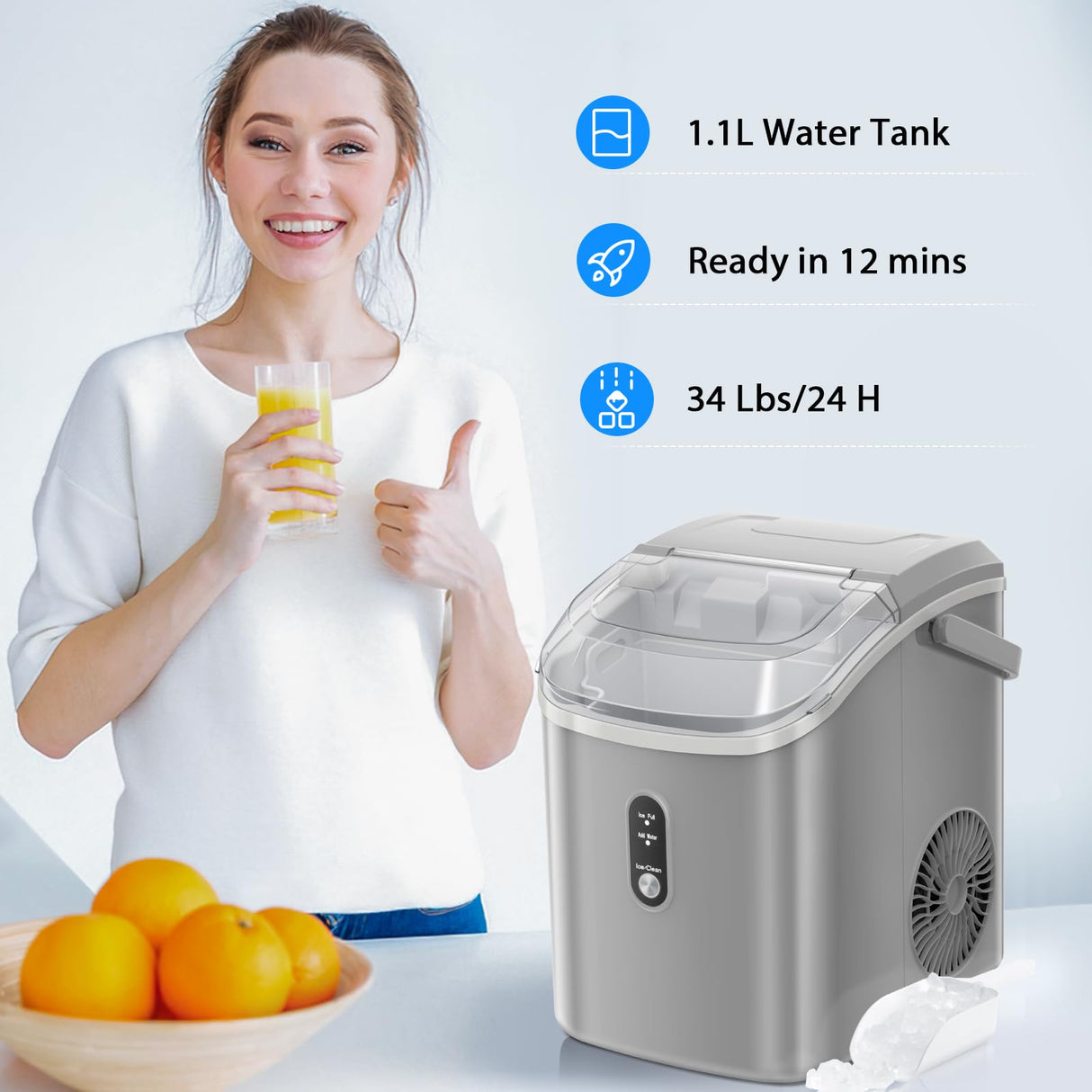 Nugget Countertop Ice Maker with Soft Chewable Ice, 34Lbs/24H, Pebble Portable Ice Machine with Ice Scoop, Self-Cleaning