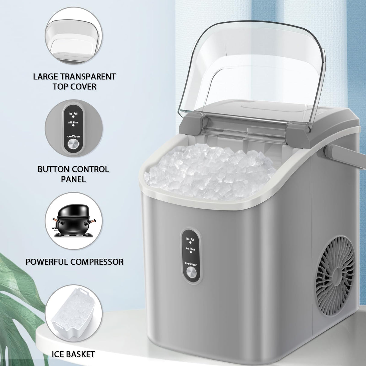 Nugget Countertop Ice Maker with Soft Chewable Ice, 34Lbs/24H, Pebble Portable Ice Machine with Ice Scoop, Self-Cleaning