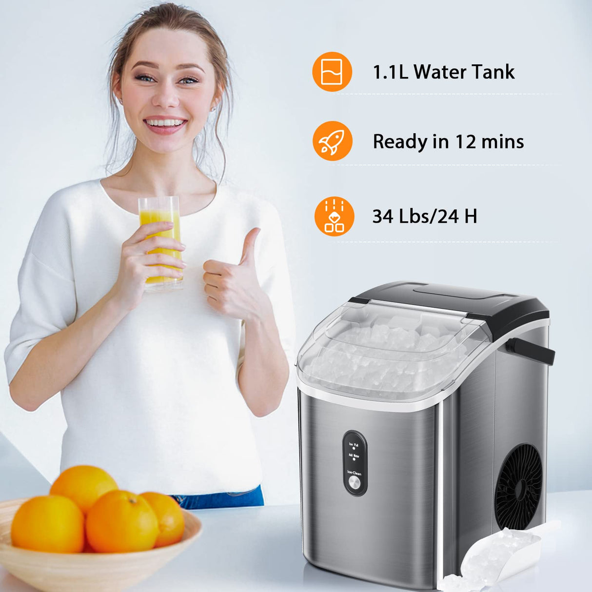 Nugget Countertop Ice Maker with Soft Chewable Ice, 34Lbs/24H, Pebble Portable Ice Machine with Ice Scoop, Self-Cleaning