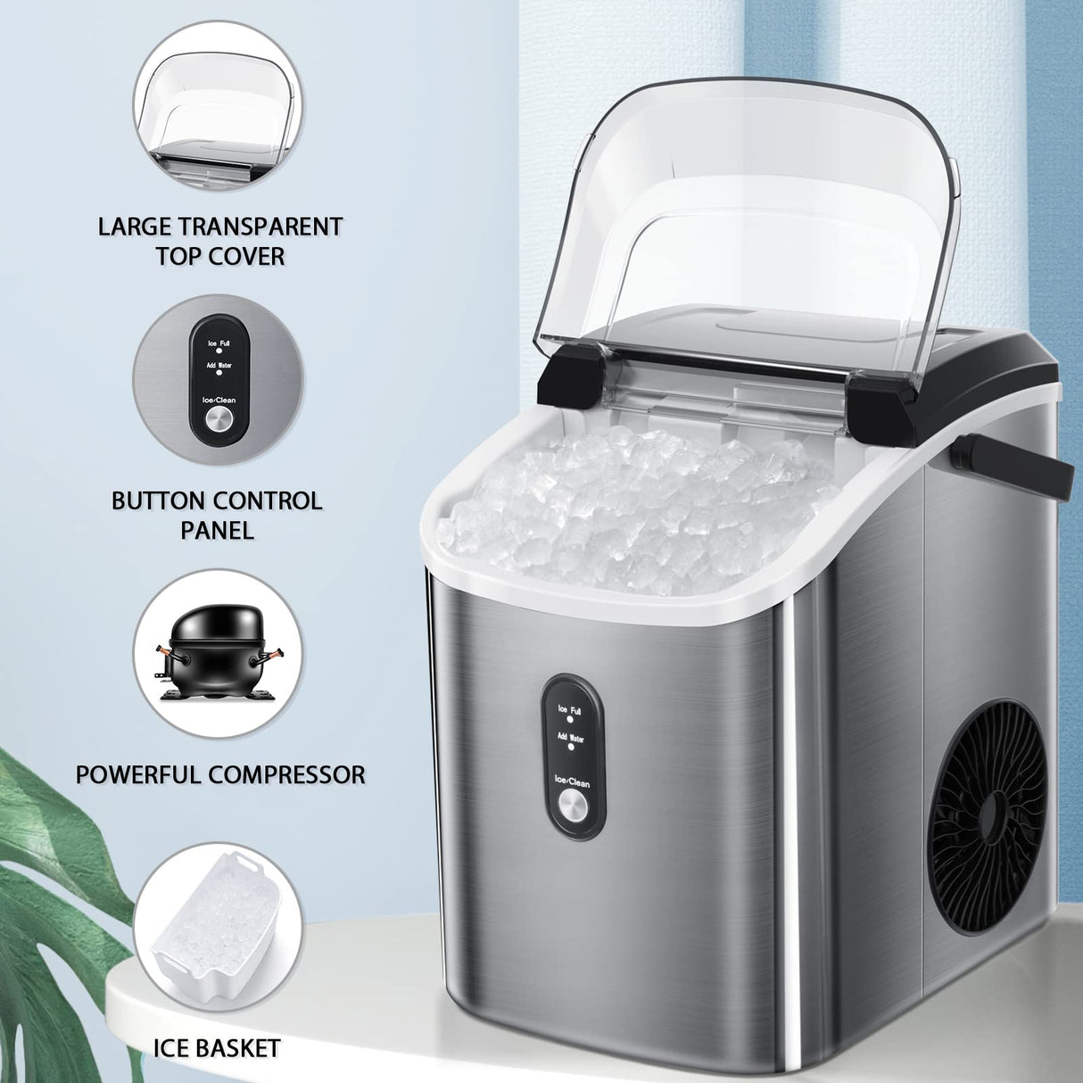 Nugget Countertop Ice Maker with Soft Chewable Ice, 34Lbs/24H, Pebble Portable Ice Machine with Ice Scoop, Self-Cleaning