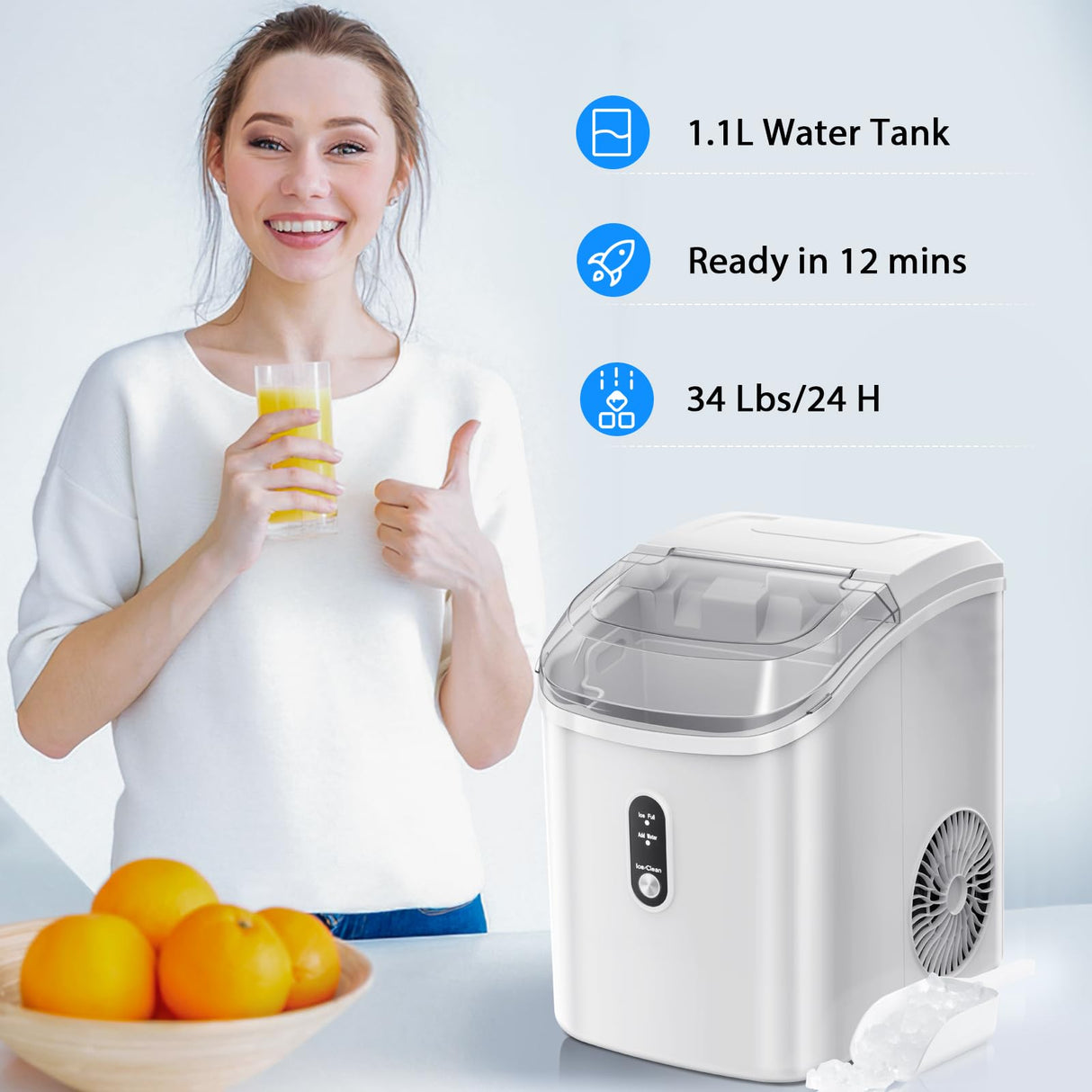 Nugget Countertop Ice Maker with Soft Chewable Ice, 34Lbs/24H, Pebble Portable Ice Machine with Ice Scoop, Self-Cleaning