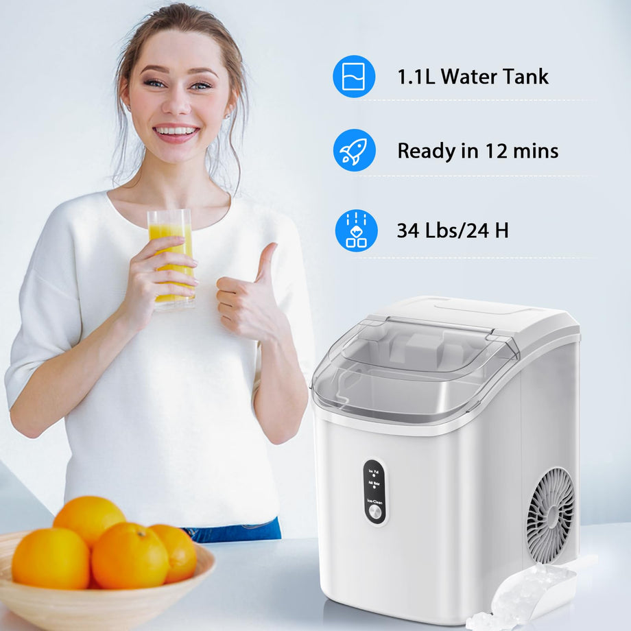 Nugget Countertop Ice Maker with Soft Chewable Ice, 34lbs/24H, Pebble Portable Ice Machine with Ice Scoop, Self-Cleaning - Silver