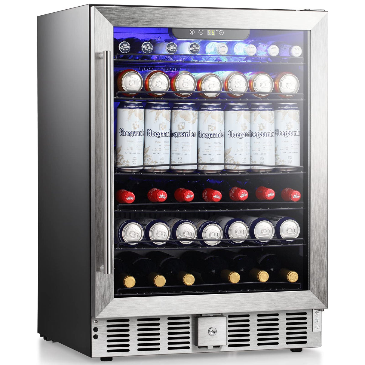 Antarctic Star 5.1 Cu.Ft Beverage Refrigerator- Wine Cooler Low Noise Transparent Glass Door LED Light Stainless Steel Efficient Cooling System