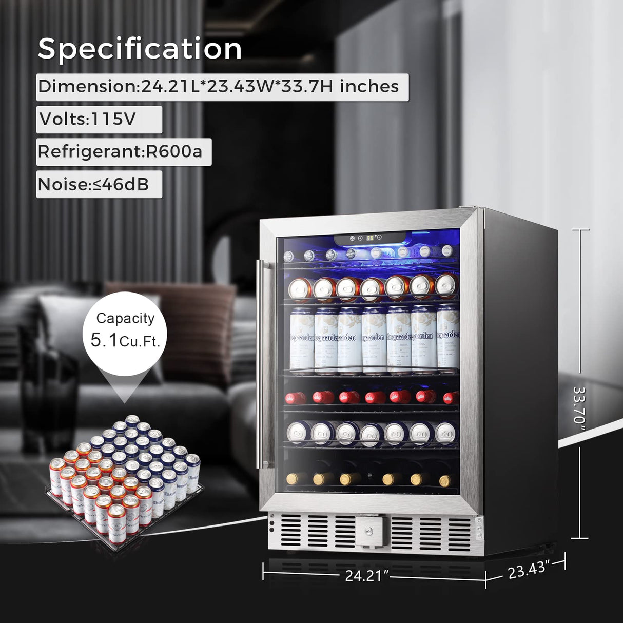 Antarctic Star 5.1 Cu.Ft Beverage Refrigerator- Wine Cooler Low Noise Transparent Glass Door LED Light Stainless Steel Efficient Cooling System
