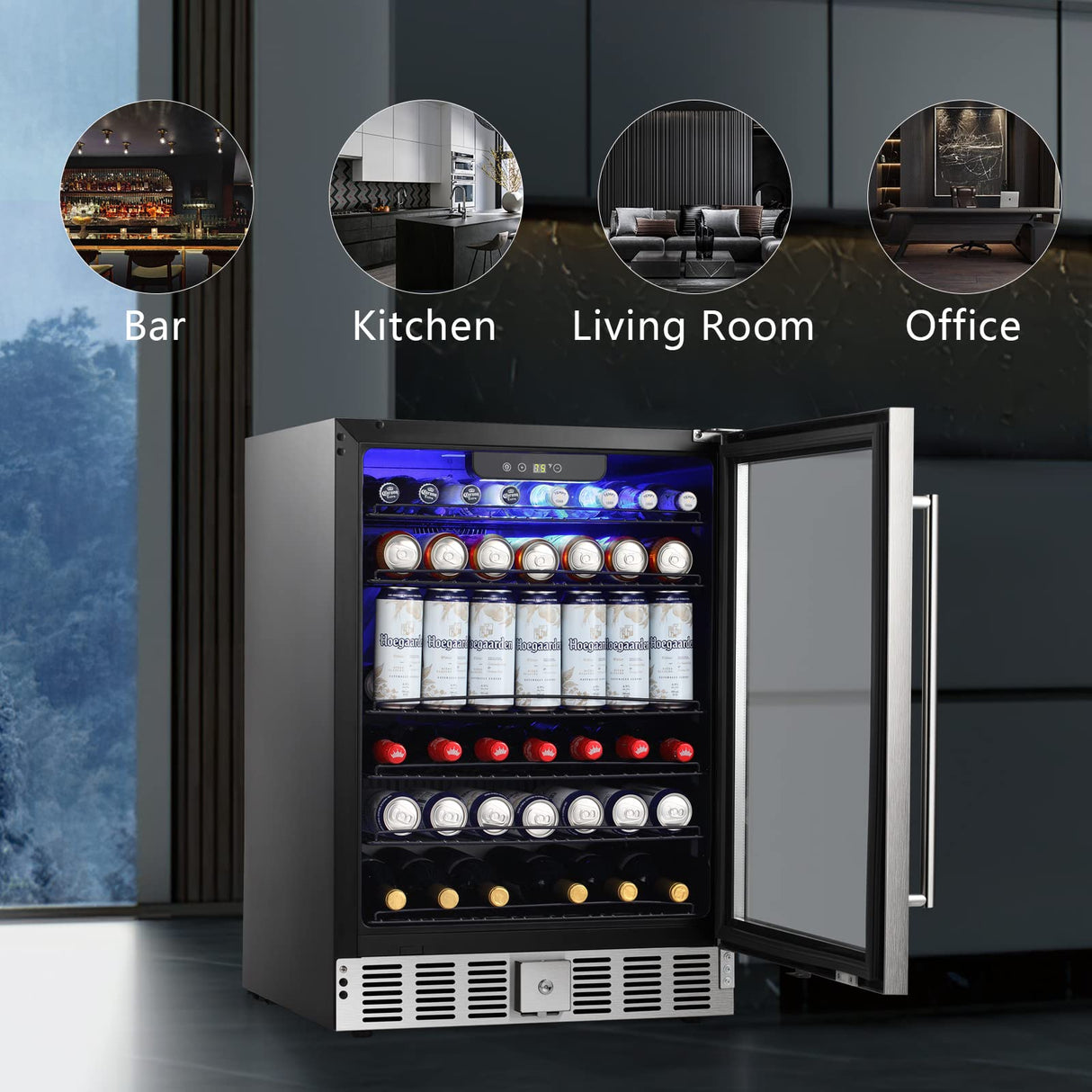 Antarctic Star 5.1 Cu.Ft Beverage Refrigerator- Wine Cooler Low Noise Transparent Glass Door LED Light Stainless Steel Efficient Cooling System