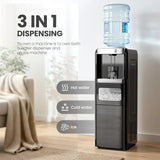 3-in-1 water dispenser with hot, cold water, and ice features in a living room setting.
