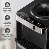 Black water dispenser with control panel and water distribution features on a light background