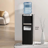 Black water cooler with a water bottle on top, dimensions indicated, in a room setting.