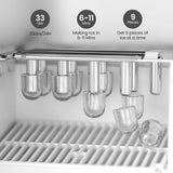Ice maker with ice cubes and text indicating capacity, making time, and yield.