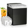 Black ice maker with a basket of ice and a glass of iced tea on a white background