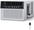 A compact window air conditioner with a white exterior, black front control panel, and visible vented side panel, shown alongside a small white remote control on a clean white background.