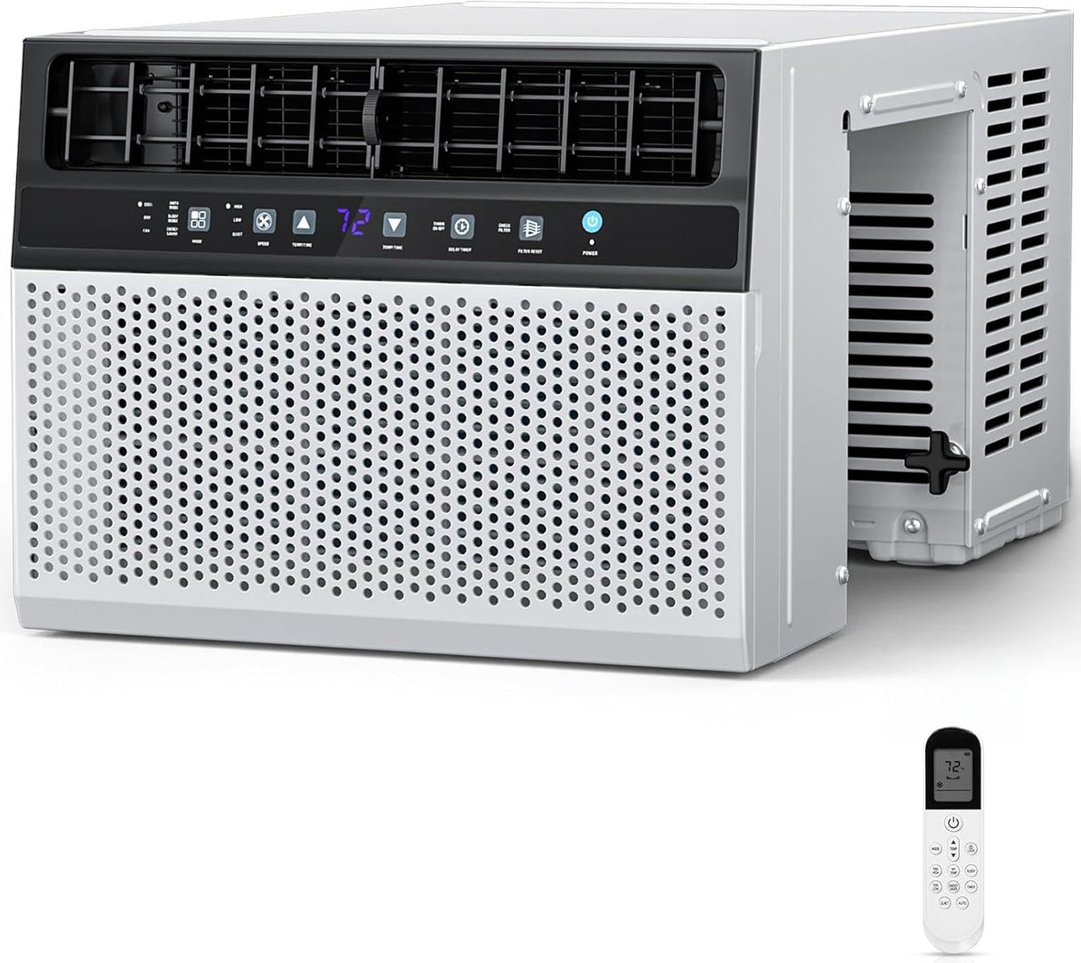 A compact window air conditioner with a white exterior, black front control panel, and visible vented side panel, shown alongside a small white remote control on a clean white background.