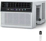 A compact window air conditioner with a white exterior, black front control panel, and visible vented side panel, shown alongside a small white remote control on a clean white background.