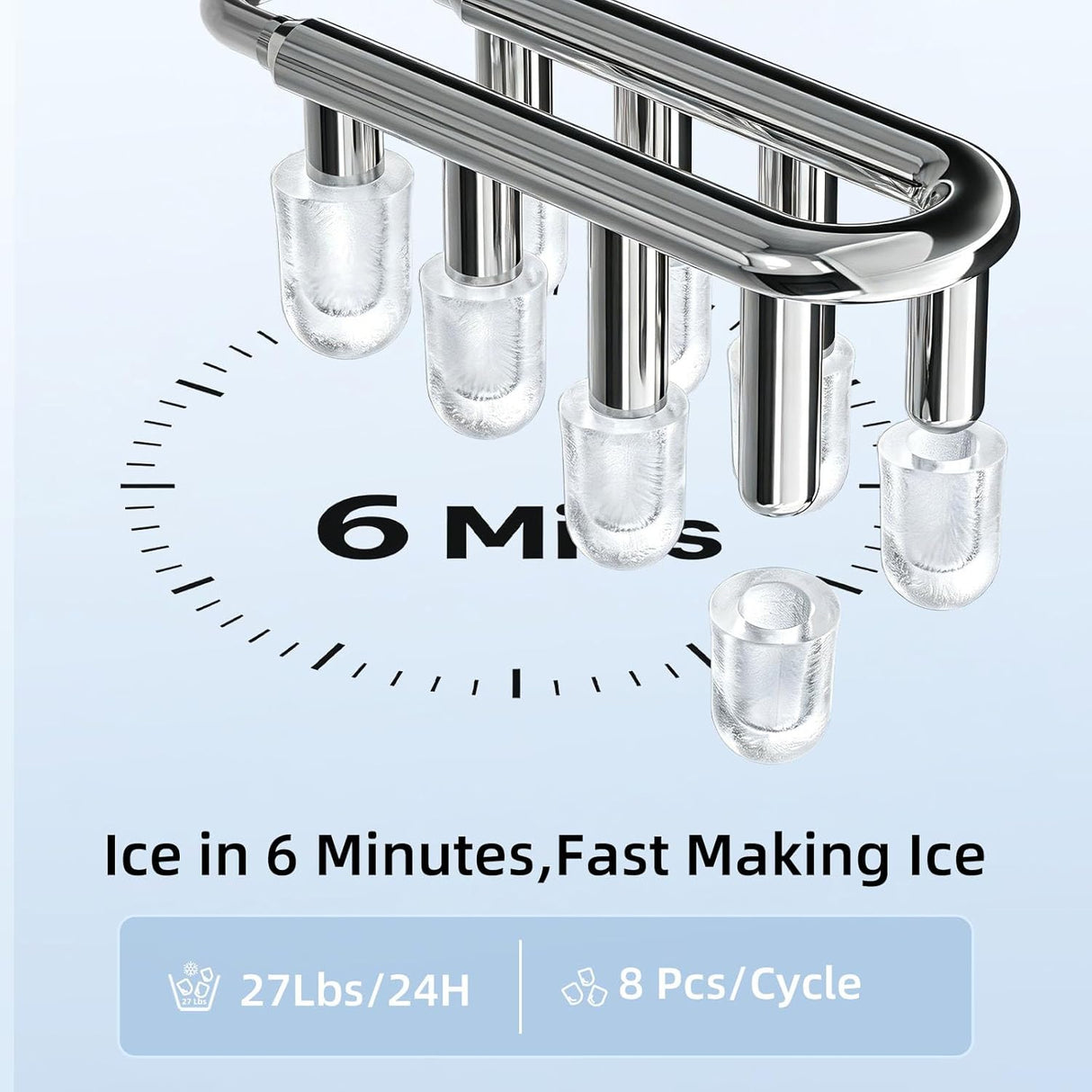 Ice maker with ice cubes and text indicating 6 minutes to make ice, 27 lbs per 24 hours capacity, and 8 cycles.
