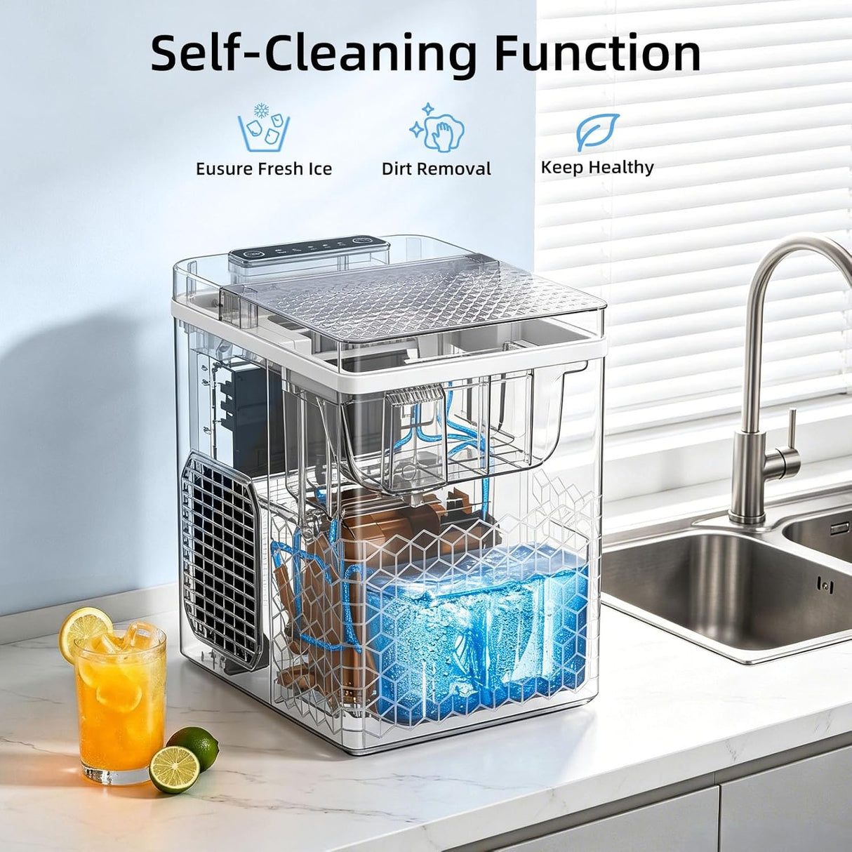 Ice maker with self-cleaning function features on a kitchen counter.