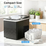 Compact ice maker with water tank and ice basket on a kitchen counter.